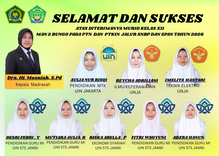 Sederet Prestasi Membanggakan, 8 Siswa MAN 2 Bungo Berhasil Tembus PTN dan PTKIN Jalur Prestasi 2026