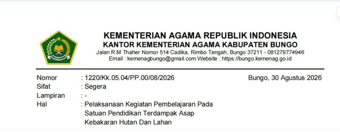 Kabut Asap Melanda Kabupaten Bungo, MAN 2 Bungo Perpanjang Belajar dari Rumah hingga 2 September 2026