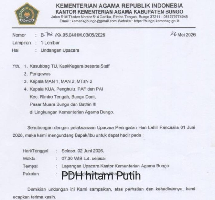 Kepala MAN 2 Bungo Hadiri Upacara Peringatan Hari Lahir Pancasila Tahun 2026 di Kantor Kementerian Agama Kabupaten Bungo